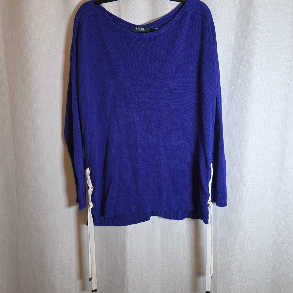Lauren Ralph Lauren Womens Sweater L Blue Cobalt Lace Up Side Boat Neck Knit